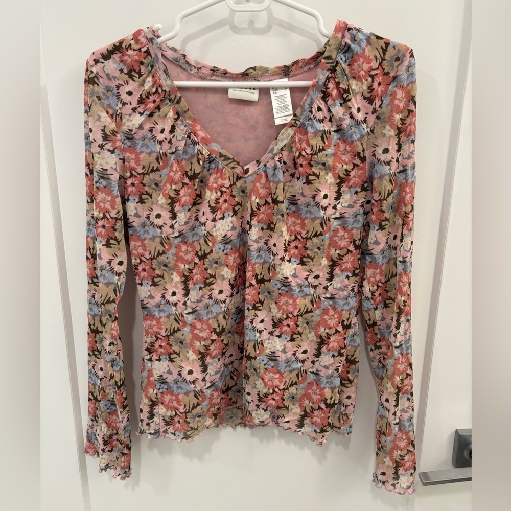 Vintage Y2K Floral Lettuce Hem Mesh Fitted Stretchy Top Size Large